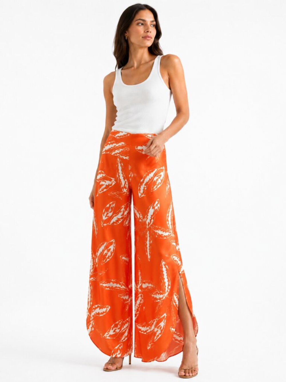 FAERIESTY ORANGE WHITE PRINTED ASYMMETRICAL PALAZZO WIDE LEG FLOWY SUMMER PANTS